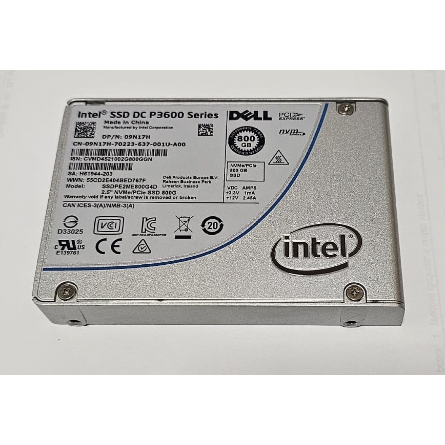 SSD INTEL 800GB DC P3600 Series NVMe/PCIe SSDPE2ME800G4D U.2 DELL 09H17H 94% Life Hardisk-uri Server