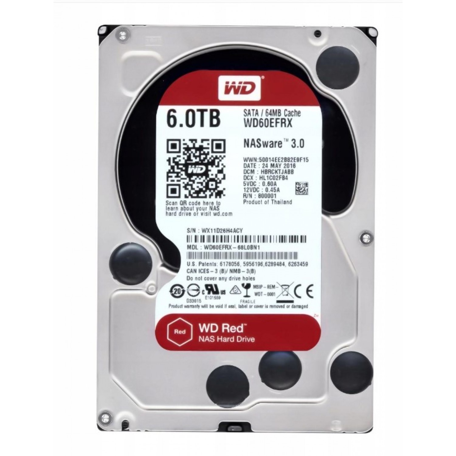 HDD Western Digital Red WD60EFRX 6TB 3.5" SATA III 6Gb/s 64MB Cache CMR NAS 100 life% Hard Disk-uri PC
