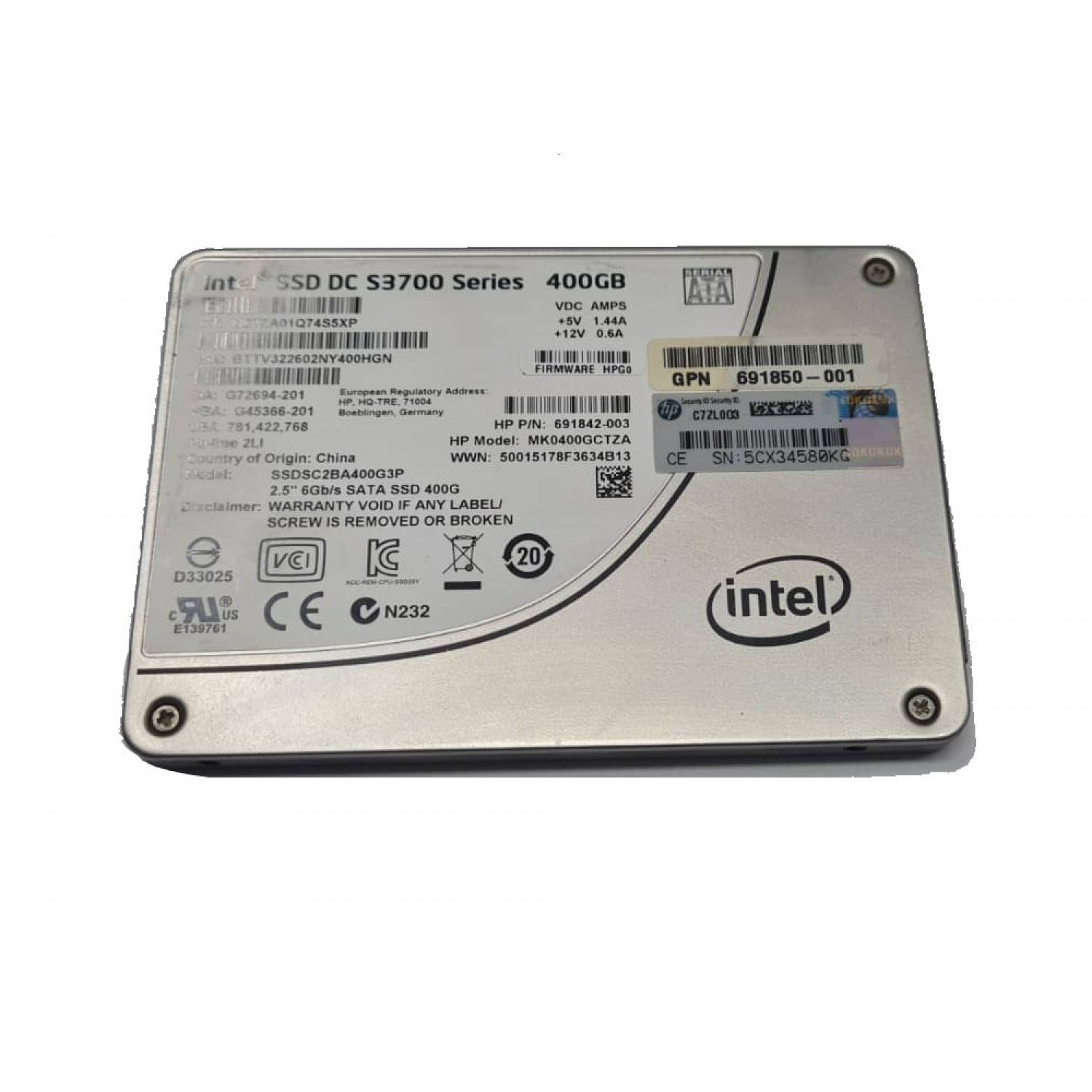 SSD Server HP Intel DC S3700 400GB 2.5" SATA III 6Gb/s Enterprise MLC High Endurance 10 DWPD 7300 TBW 691850-001 99% LIFE SSD-uri Enterprise