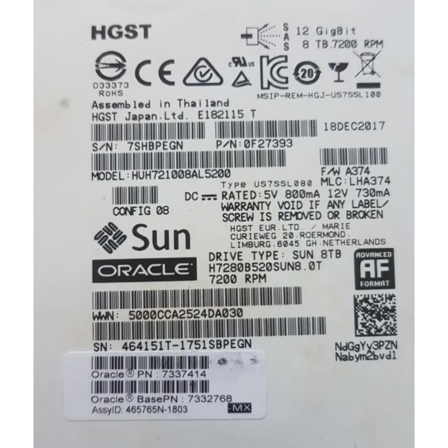 Hard disk server NOU desigilat Sun Oracle SAS 12Gb 8Tb 7200 RPM 256Mb cache 7337414 7332768 HUH721008AL5200 0F27393 Hardisk-uri Server